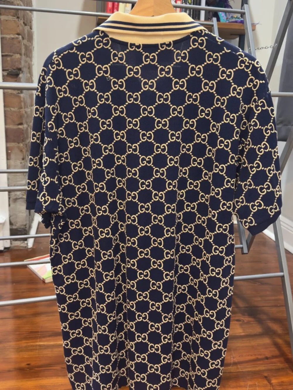 Gucci GG Monogram Jacquard Polo Shirt Navy Ivory Size Large Made in Italy